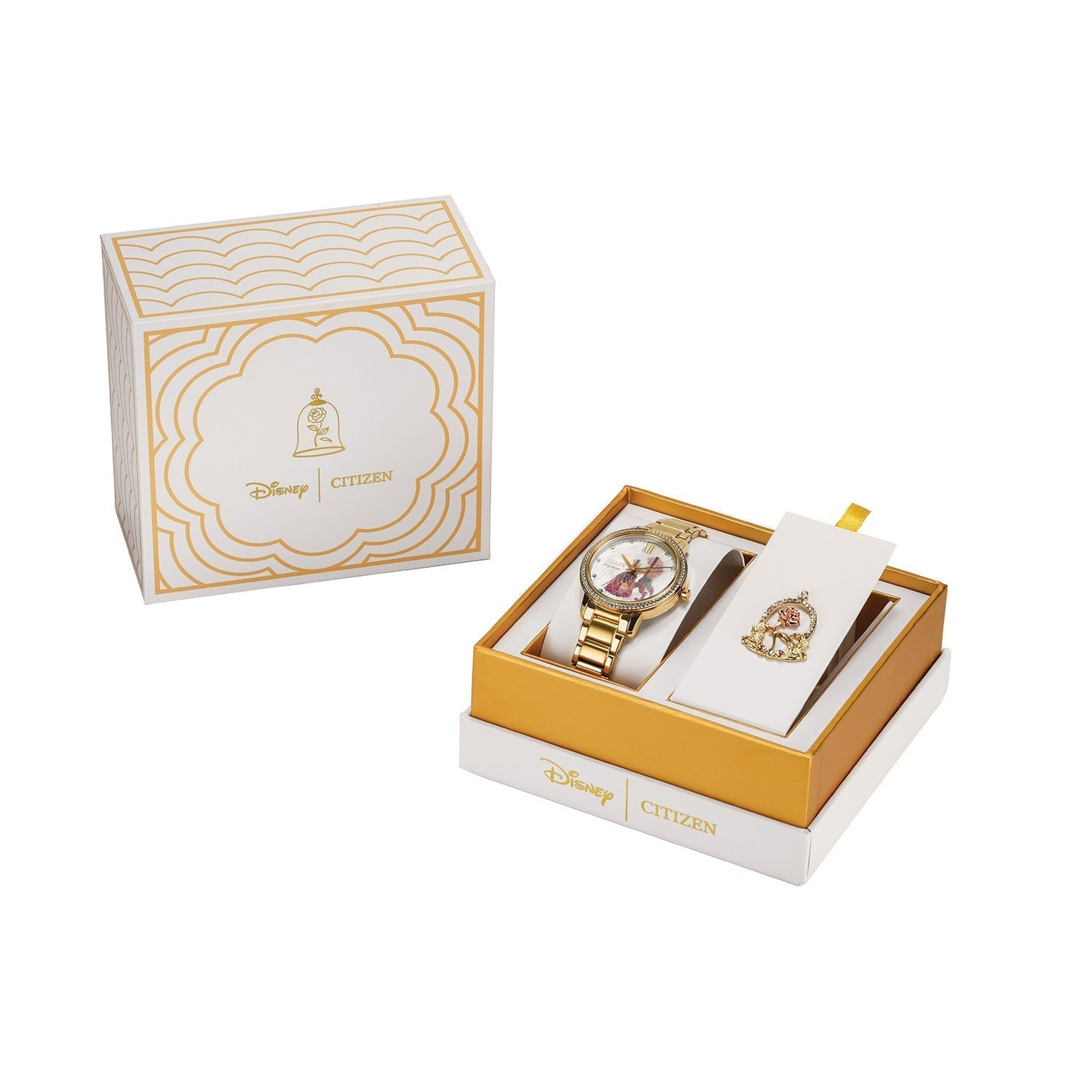 Citizen FE7048-51D gift set packaging displaying the gold-tone watch and matching rose pin together in an elegant box.