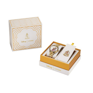 Citizen FE7048-51D gift set packaging displaying the gold-tone watch and matching rose pin together in an elegant box.