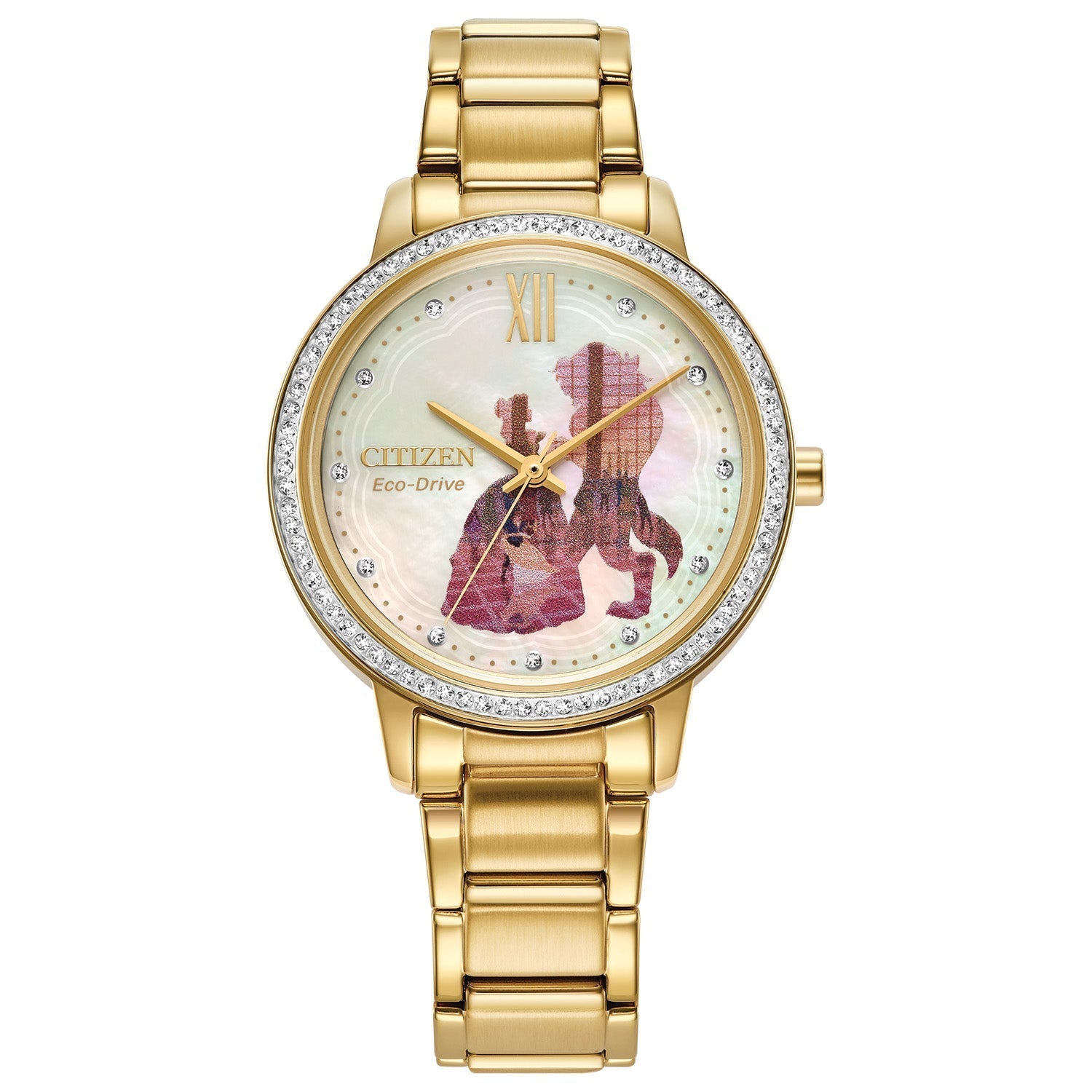 Citizen FE7048-51D women's gold-tone watch featuring a mother-of-pearl dial with crystal hour markers and a stainless steel bracelet.
