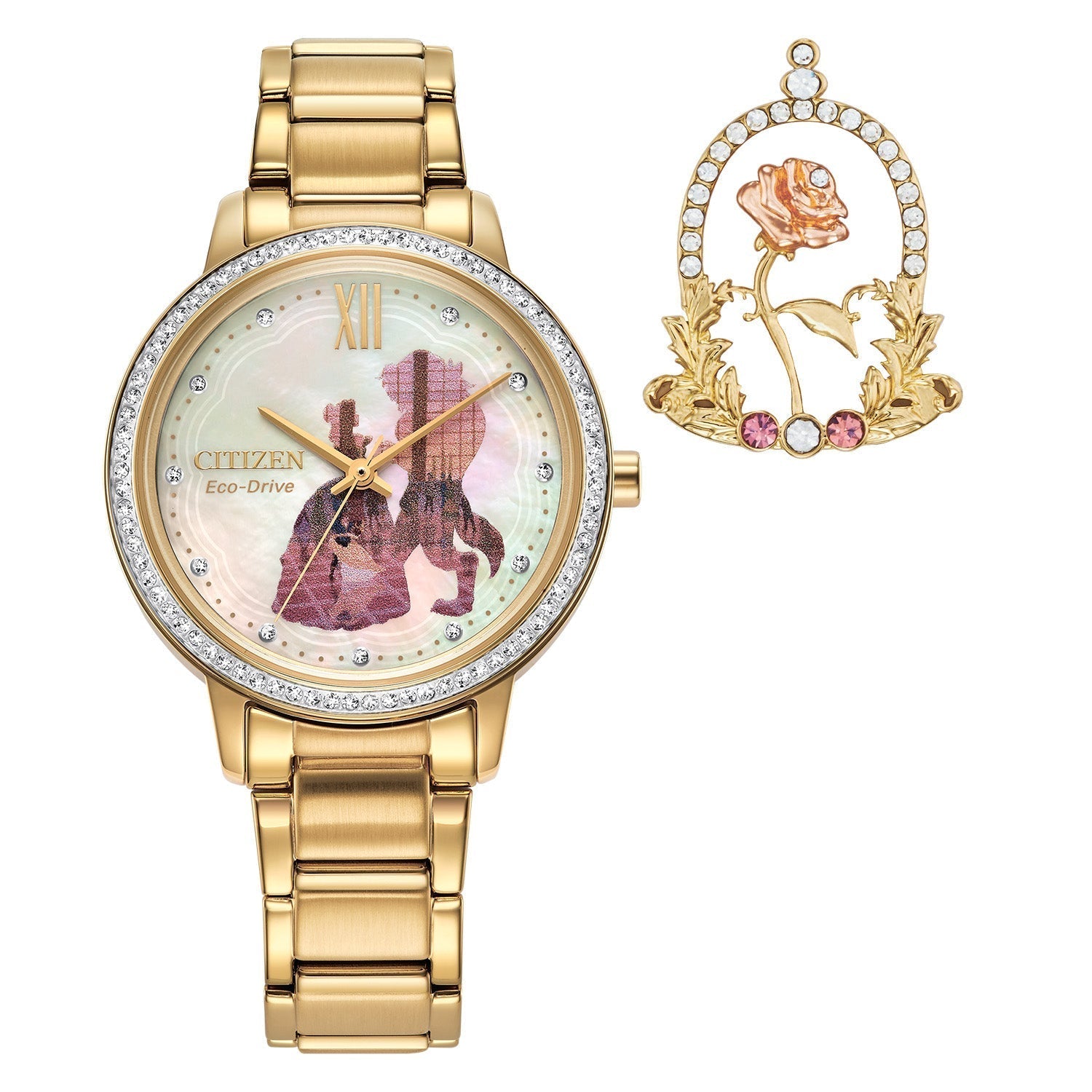 Front view of Citizen FE7048-51D women's gold-tone watch with mother-of-pearl dial and crystal accents, accompanied by a matching rose pin.