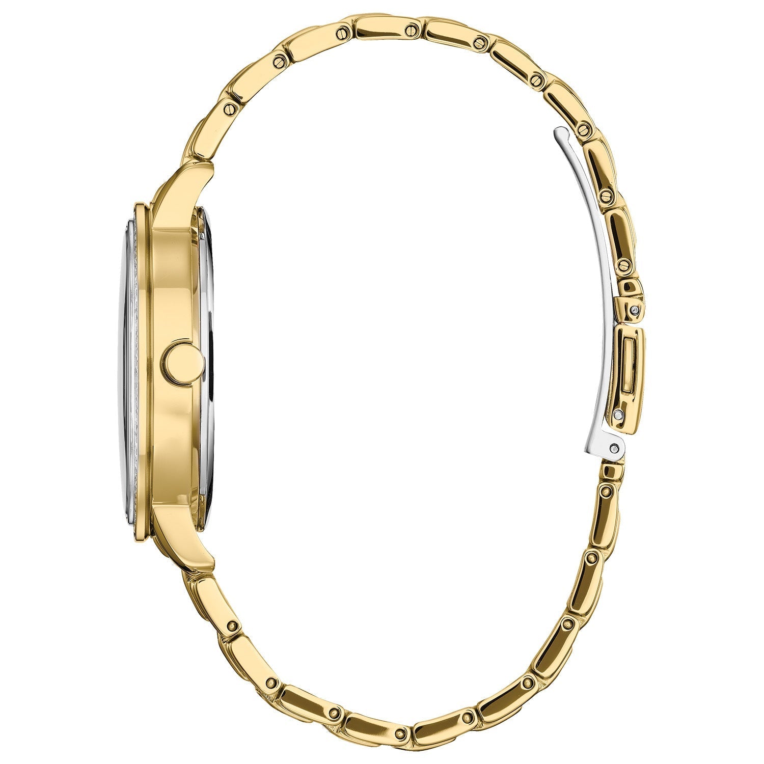 Side profile of Citizen FE7048-51D women's watch, highlighting the gold-tone stainless steel case and crystal-encrusted bezel.