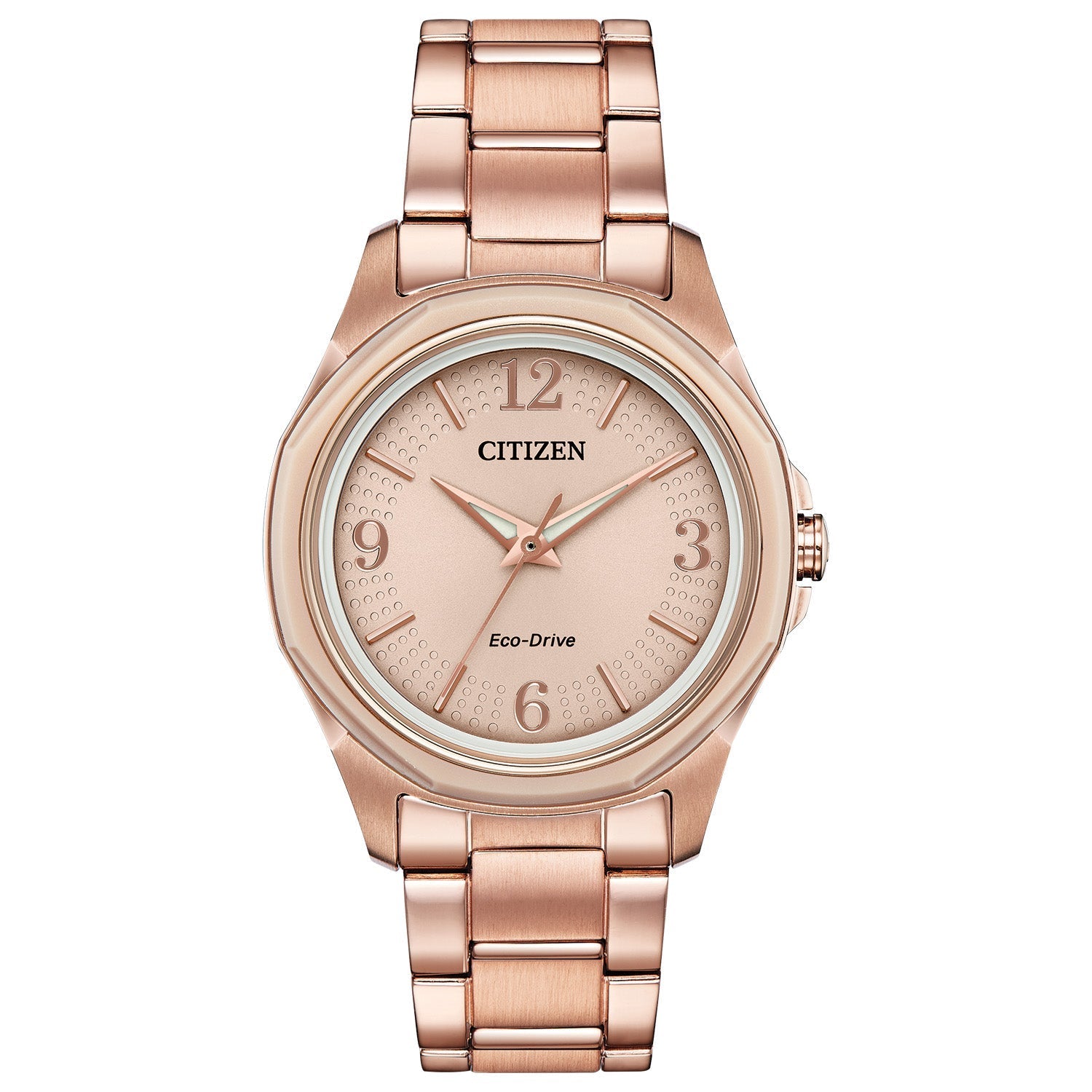Citizen FE7053-51X Drive watch featuring a pink gold-tone stainless steel case, light pink dial with luminous rose gold-tone dauphine-style hands and index hour markers, Arabic numerals at 3, 6, 9, and 12 o'clock positions, and matching bracelet—front view.