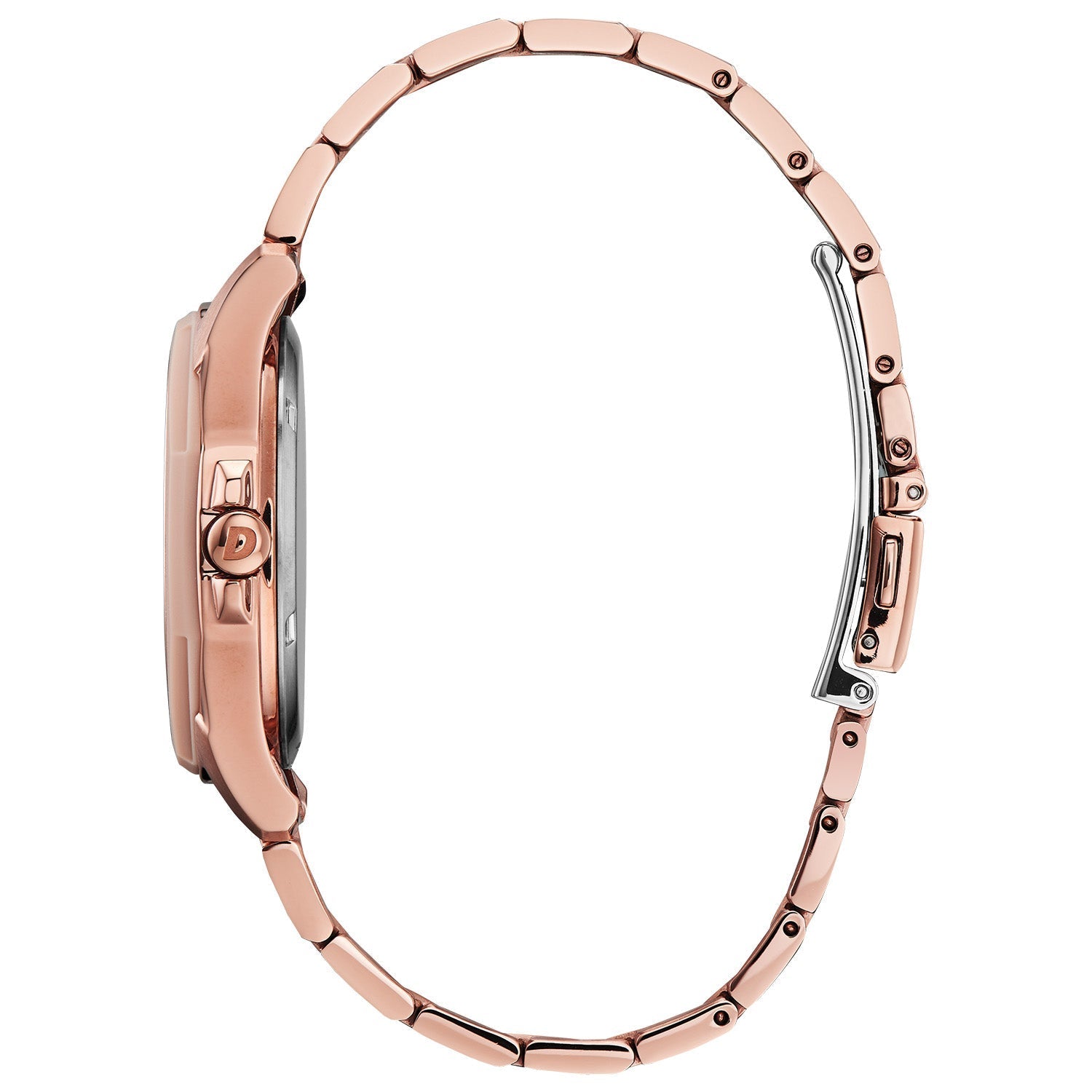 Side profile of Citizen FE7053-51X showcasing the slim pink gold-tone stainless steel case and textured crown.