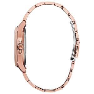 Side profile of Citizen FE7053-51X showcasing the slim pink gold-tone stainless steel case and textured crown.