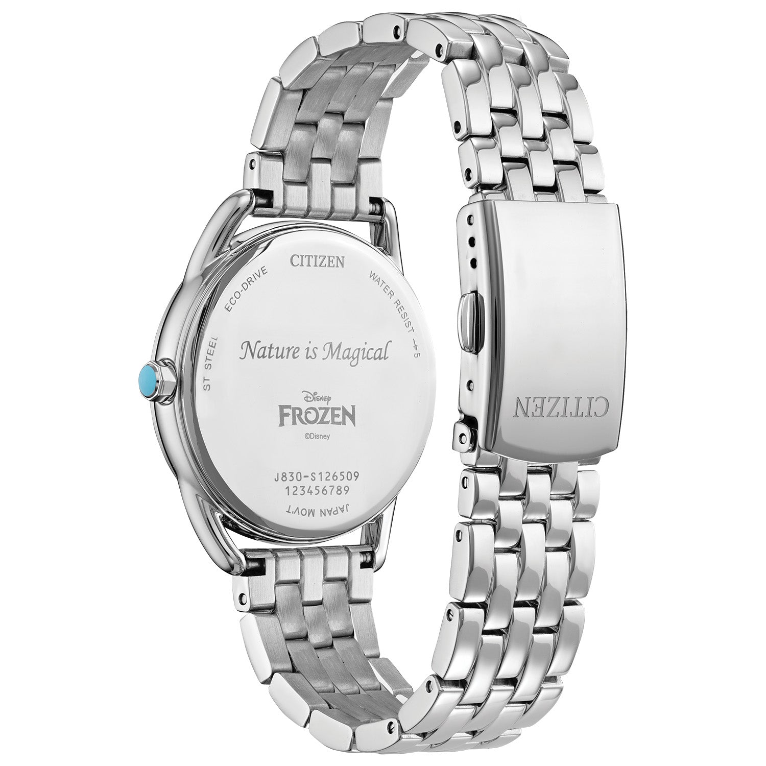 Back view of Citizen Disney Frozen Women's Watch FE7091-61W, showcasing the stainless steel case back and bracelet details.