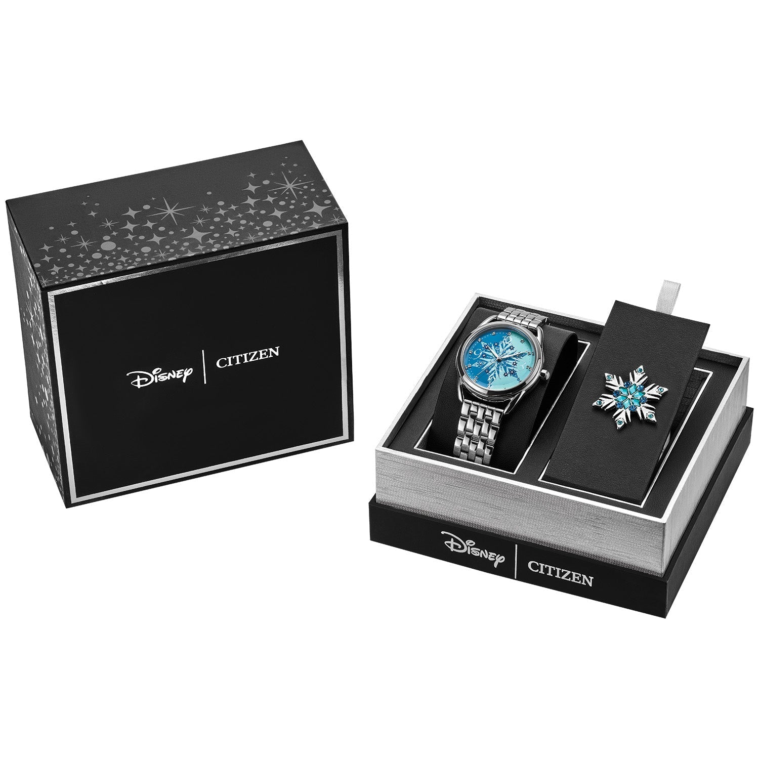 Citizen Disney Frozen Women's Watch Set FE7091-61W presented in branded packaging alongside the matching snowflake pin.