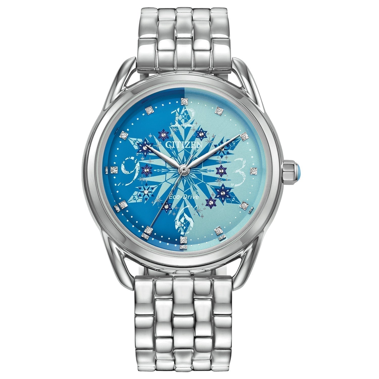 Front view of Citizen Disney Frozen Women's Watch Set FE7091-61W, showcasing the blue dial with snowflake pattern and silver-tone stainless steel bracelet.