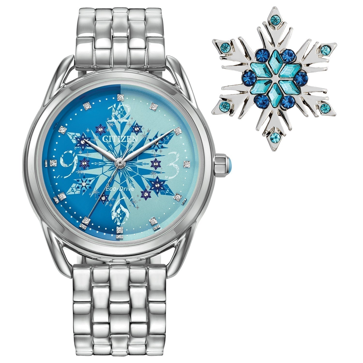 Front view of Citizen Disney Frozen Women's Watch Set FE7091-61W, showcasing the blue dial with snowflake pattern on the watch and the matching snowflake pin.