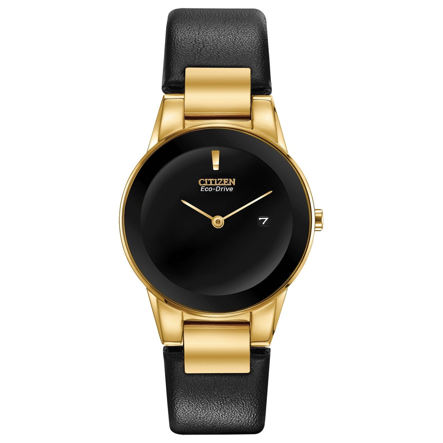Citizen Axiom Eco-Drive Women's Watch GA1052-04E with a 30mm gold-tone stainless steel case, black dial featuring gold-tone hands, black leather strap—front view.