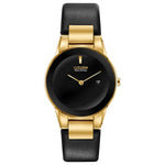 Citizen Axiom Eco-Drive Women's Watch GA1052-04E with a 30mm gold-tone stainless steel case, black dial featuring gold-tone hands, black leather strap—front view.