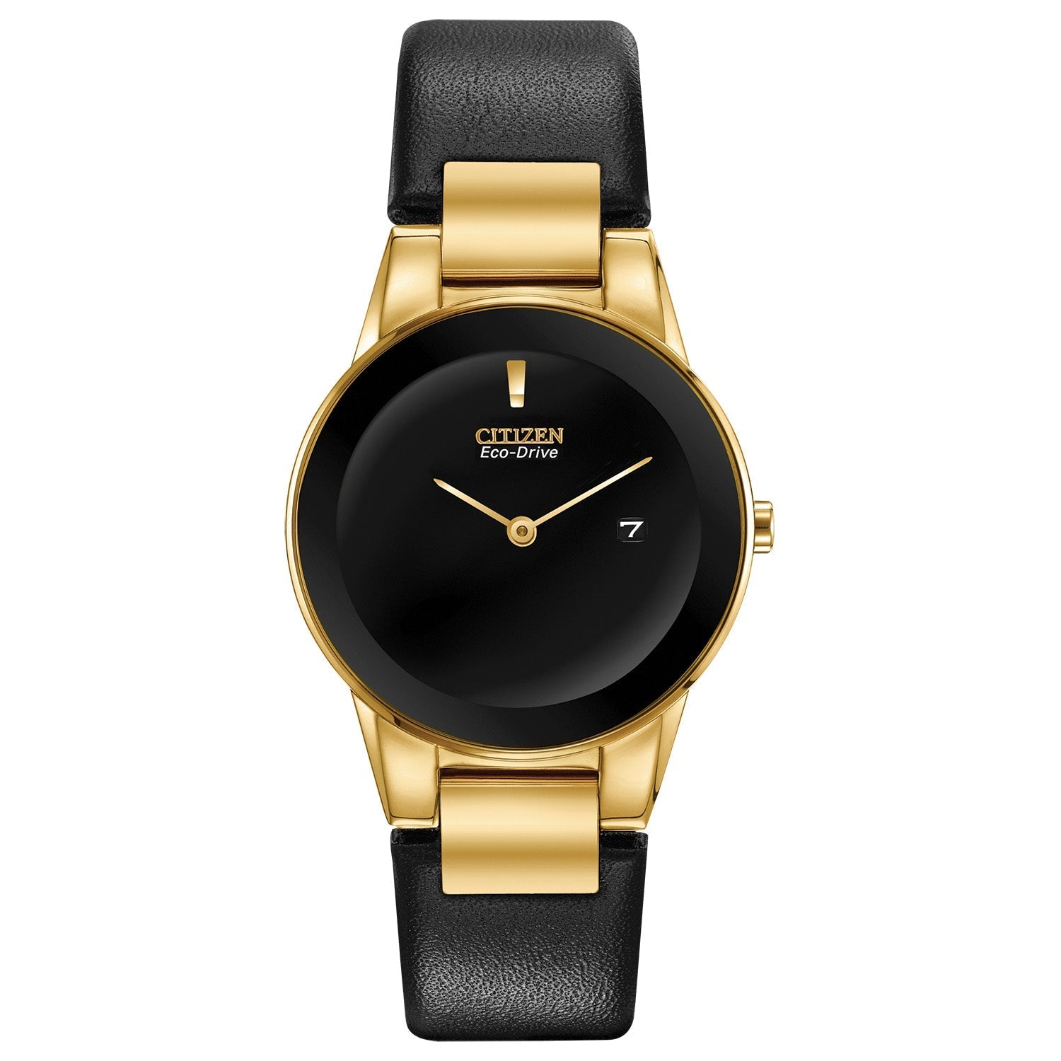 Citizen Axiom Eco-Drive Women's Watch GA1052-04E with a 30mm gold-tone stainless steel case, black dial featuring gold-tone hands, black leather strap—front view.