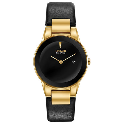 Citizen Axiom Eco-Drive Women's Watch GA1052-04E with a 30mm gold-tone stainless steel case, black dial featuring gold-tone hands, black leather strap—front view.
