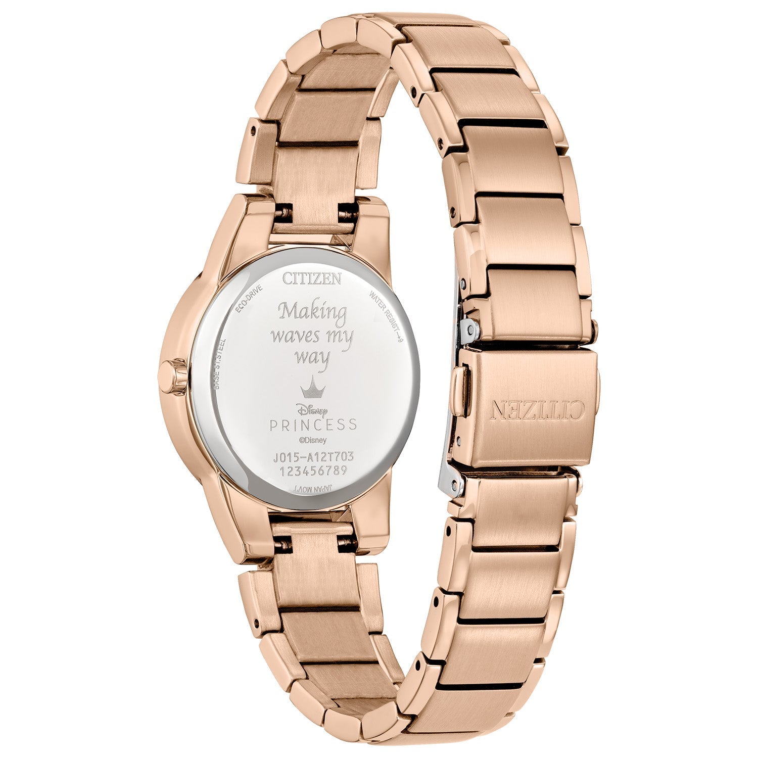 Back view of the Citizen Eco-Drive Disney Ariel Rose-Tone Watch GA1073-63W, highlighting the engraved case back with the phrase "Making waves my way.