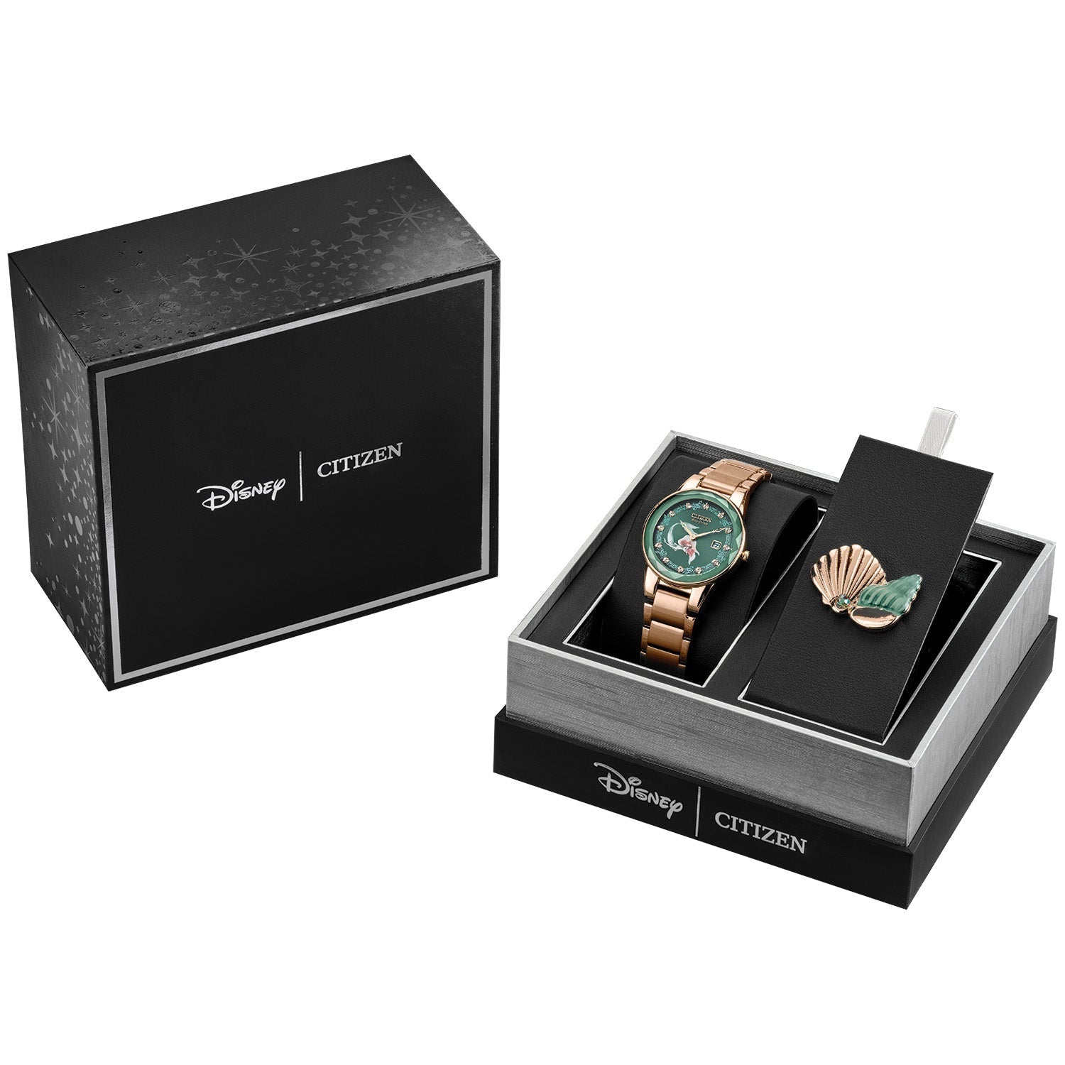 Citizen Eco-Drive Disney Ariel Rose-Tone Watch GA1073-63W packaging featuring a branded box and collectible seashell pin.
