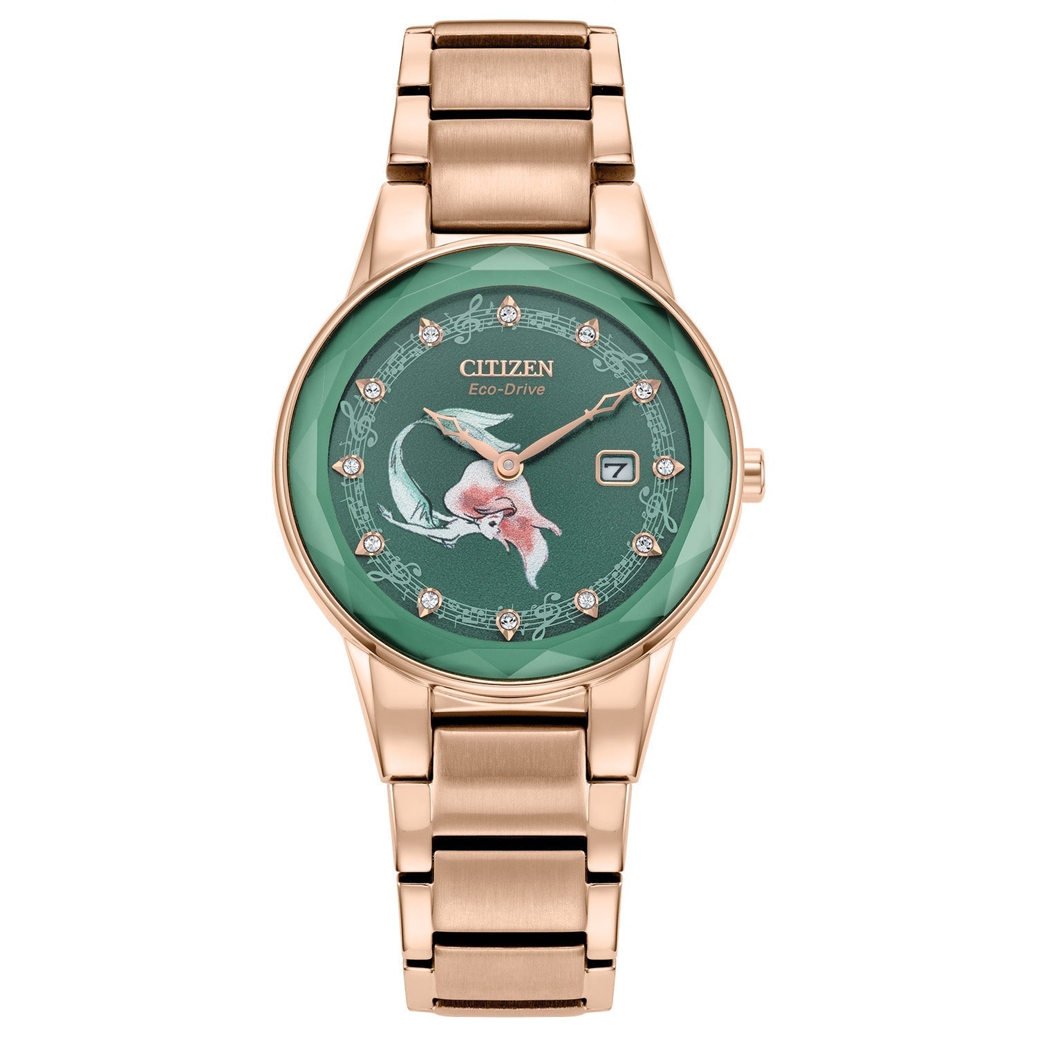 Citizen Eco-Drive Disney Ariel Rose-Tone Watch GA1073-63W featuring a 30mm rose gold-tone stainless steel case, sea green dial with Ariel illustration, and crystal hour markers—front view.