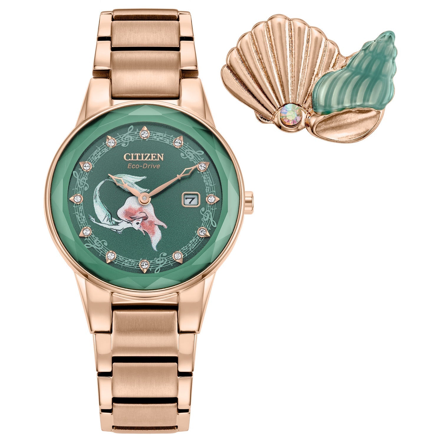 Citizen Eco-Drive Disney Ariel Rose-Tone Watch GA1073-63W featuring a 30mm rose gold-tone stainless steel case, sea green dial with Ariel illustration, and crystal hour markers—front view.