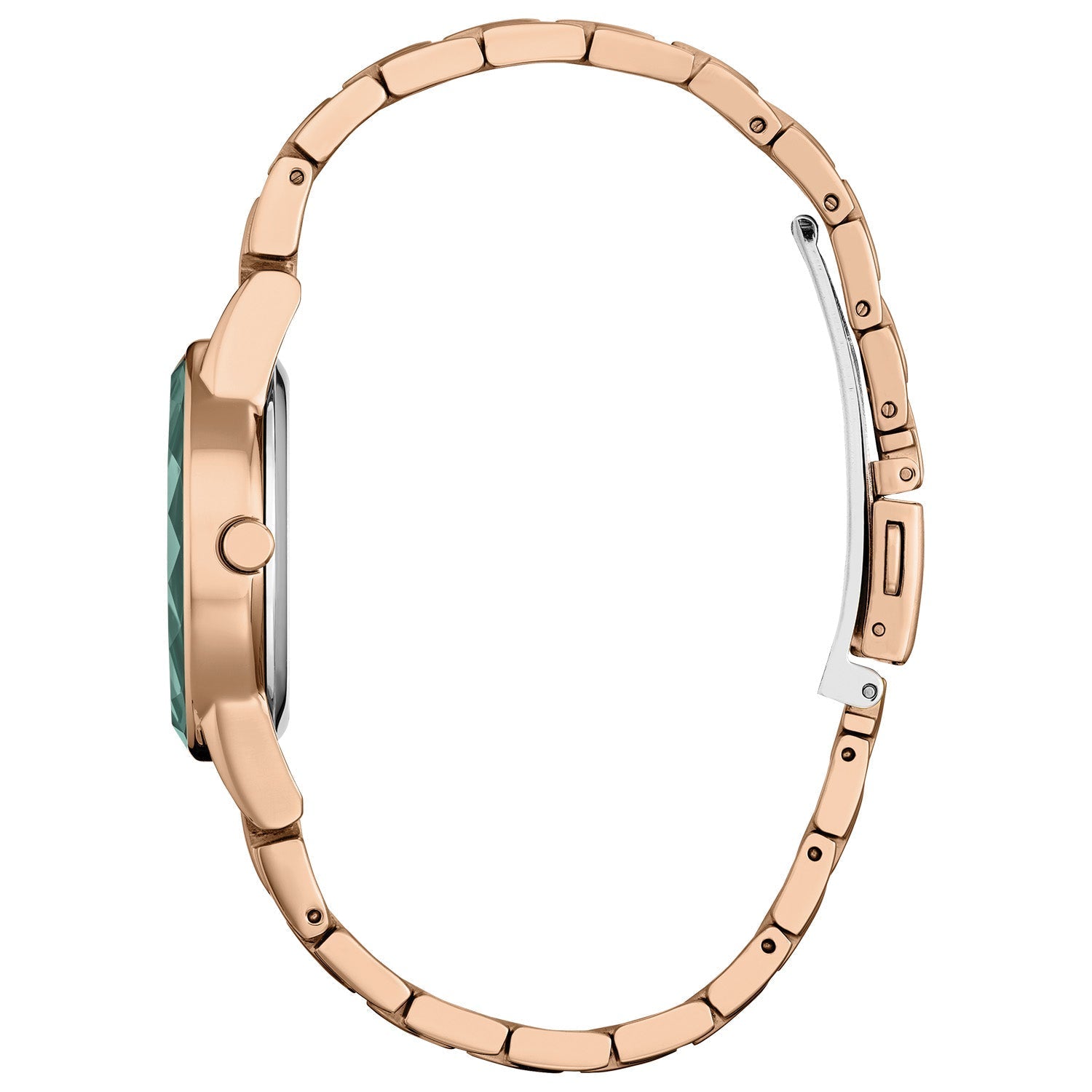 Side profile of the Citizen Eco-Drive Disney Ariel Rose-Tone Watch GA1073-63W, showcasing the sleek rose gold-tone case and bracelet.​