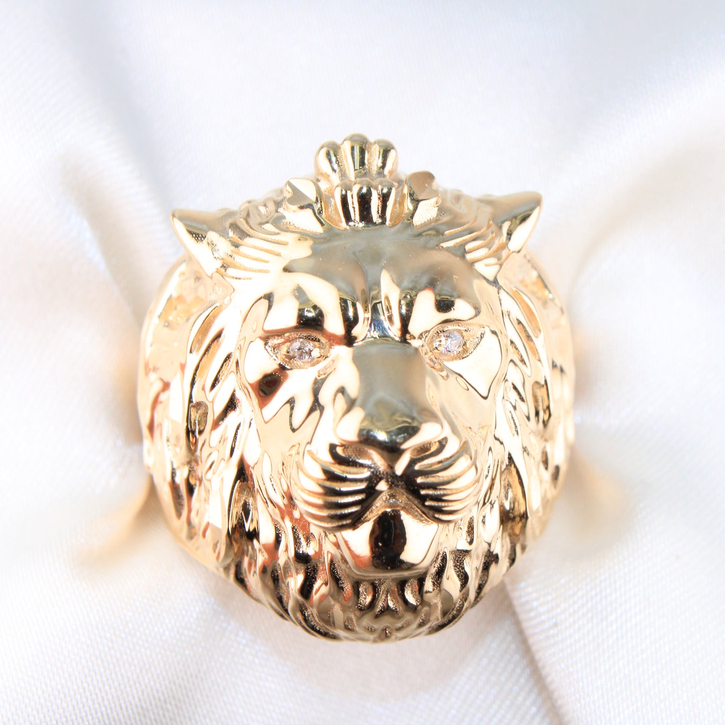 14K Yellow Gold Lion Head CZ Men's Ring