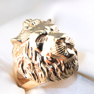 14K Yellow Gold Lion Head CZ Men's Ring