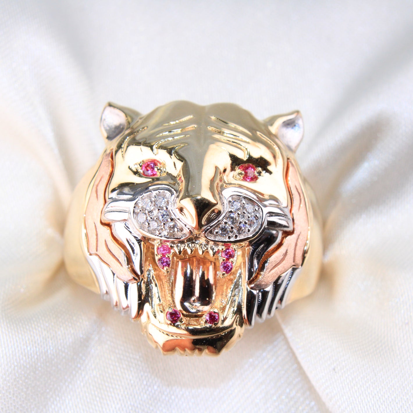 14K Tricolor Gold Tiger Head CZ Men's Ring