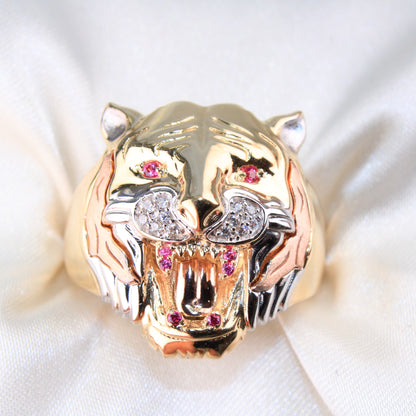 14K Tricolor Gold Tiger Head CZ Men's Ring
