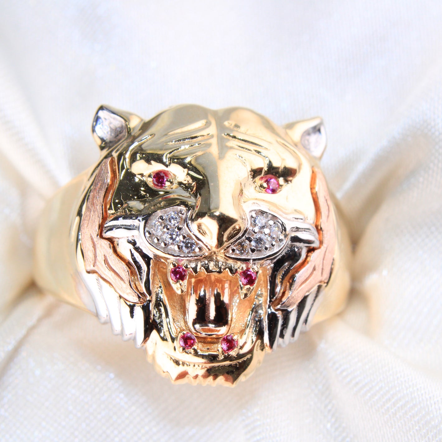 14K Tricolor Gold Tiger Head CZ Men's Ring