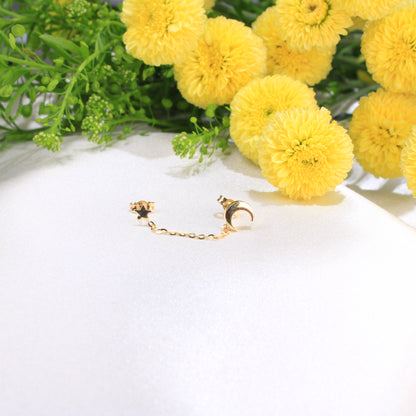 14K Gold Moon And Star Double Piercing Chain Dangle Earring
