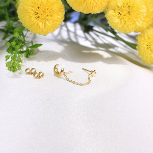 14K Gold Moon And Star Double Piercing Chain Dangle Earring