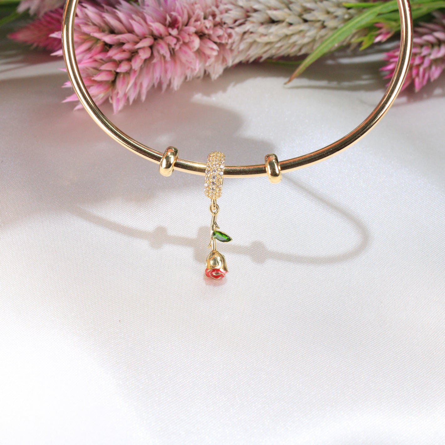 14K Yellow Gold Dangle Rose Charm