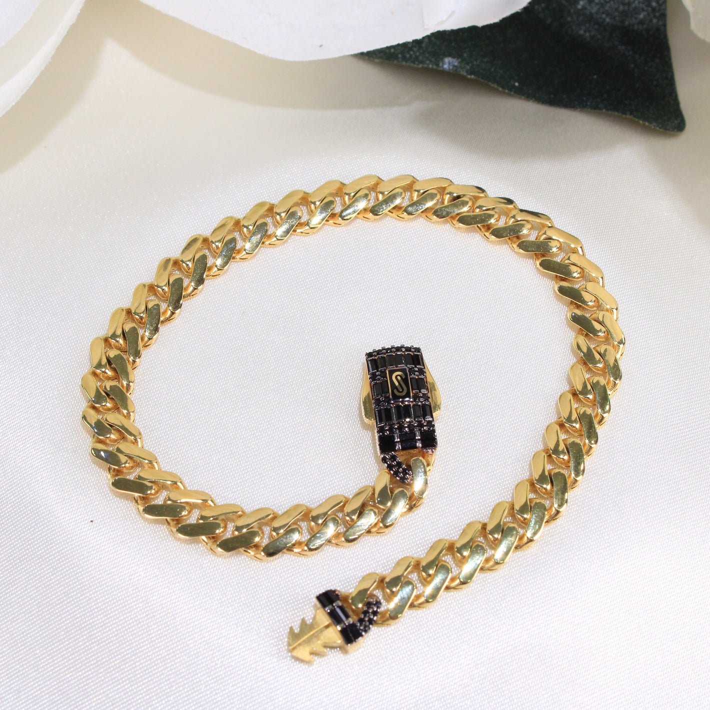 14K Gold Monaco Bracelet Black Baguette 6mm 8in