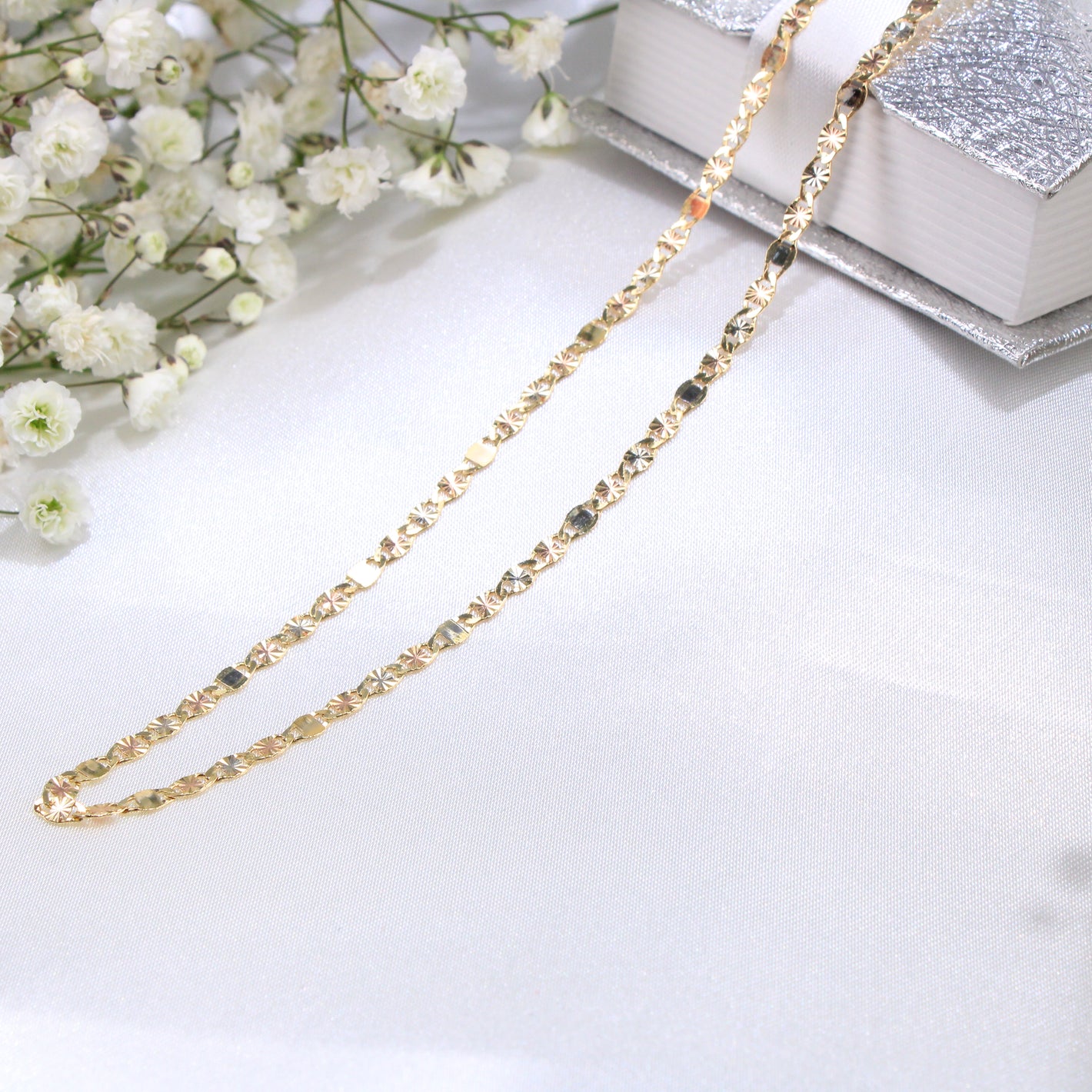 14K Tricolor Gold Mirror Link Chain 3mm 18in