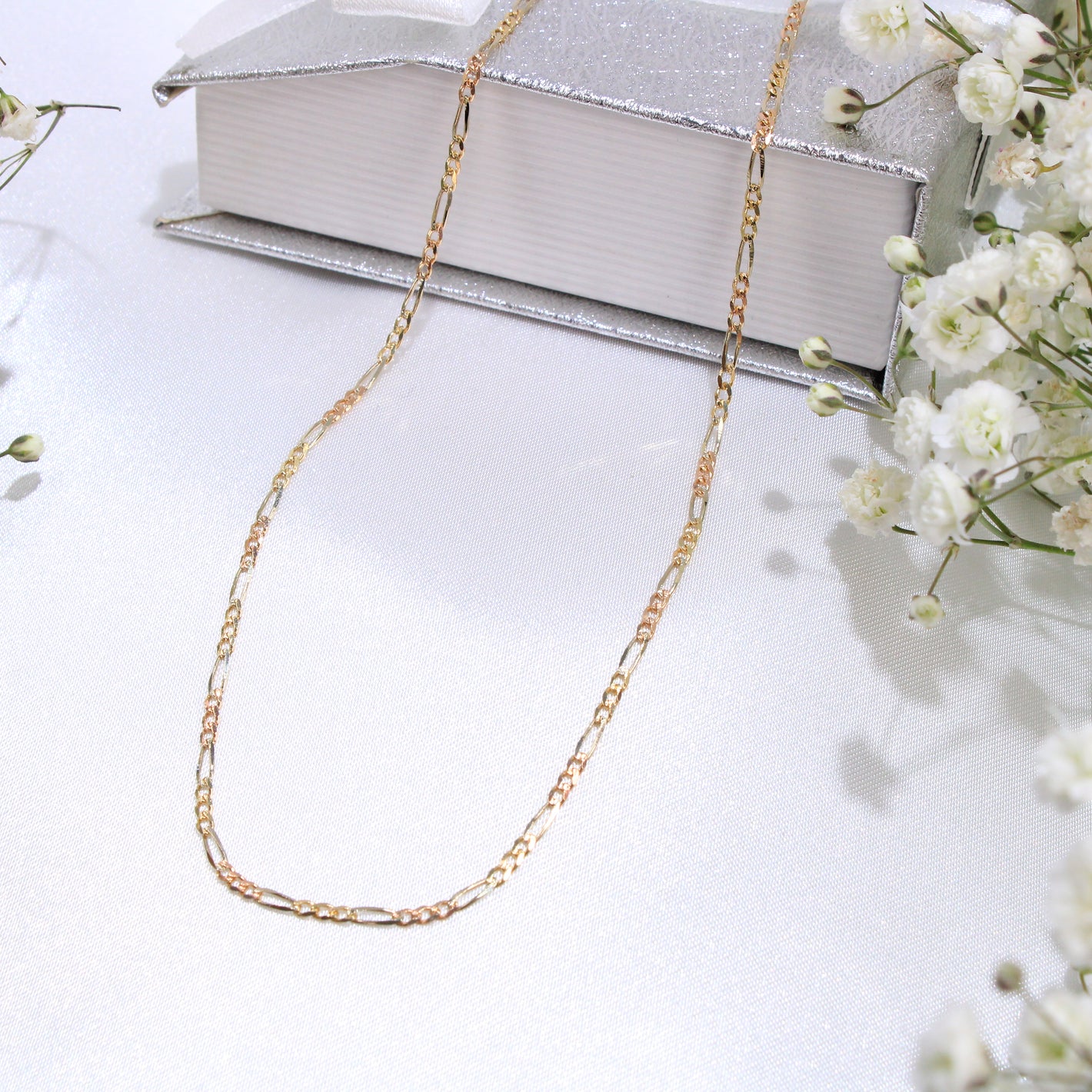 14K Tricolor Gold Figaro Solid Chain 2.0mm 18in