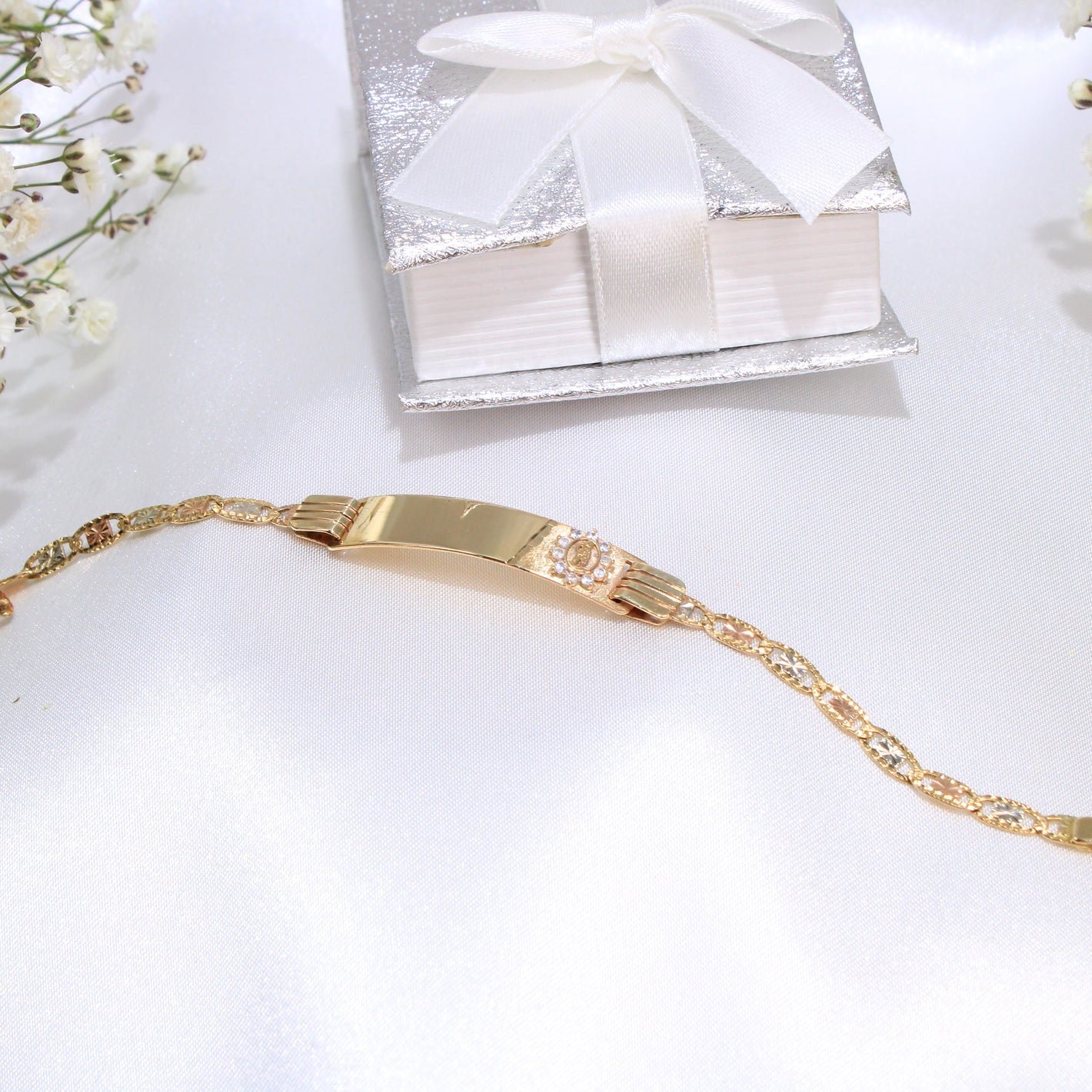 14K Gold Valentino ID Link Bracelet With Virgin Mary 6"