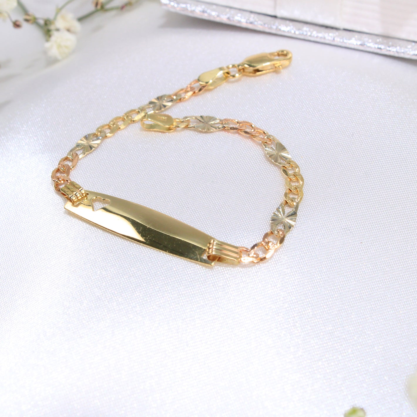 14K Gold Tricolor Figaro Star Link Heart ID Baby Bracelet 5.5"