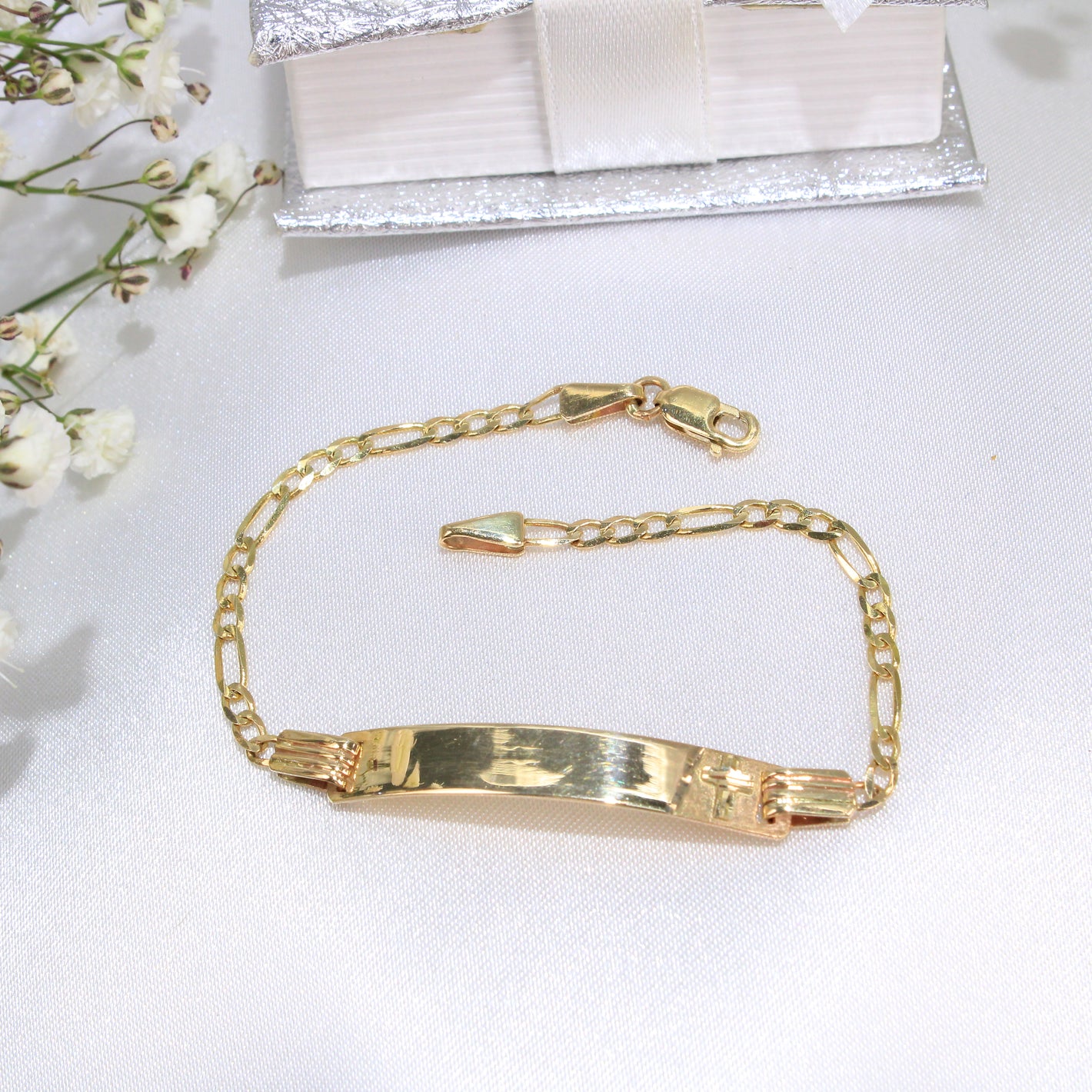 14K Gold Figaro ID Link Baby Bracelet With Cross 6"