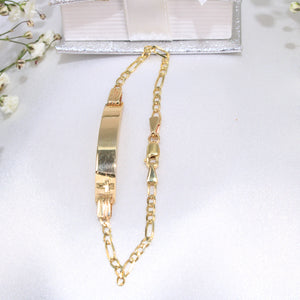 14K Gold Figaro ID Link Baby Bracelet With Cross 6"