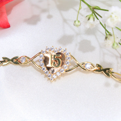 14K Yellow Gold Heart Quinceañera Charm Bracelet 3mm 8in