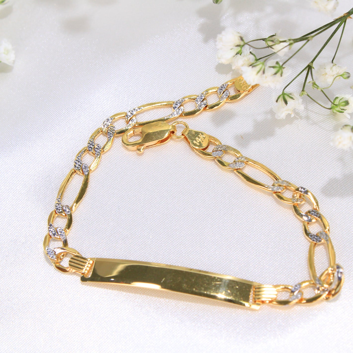 14K Gold Hollow Figaro Link ID Bracelet mm 7.5in