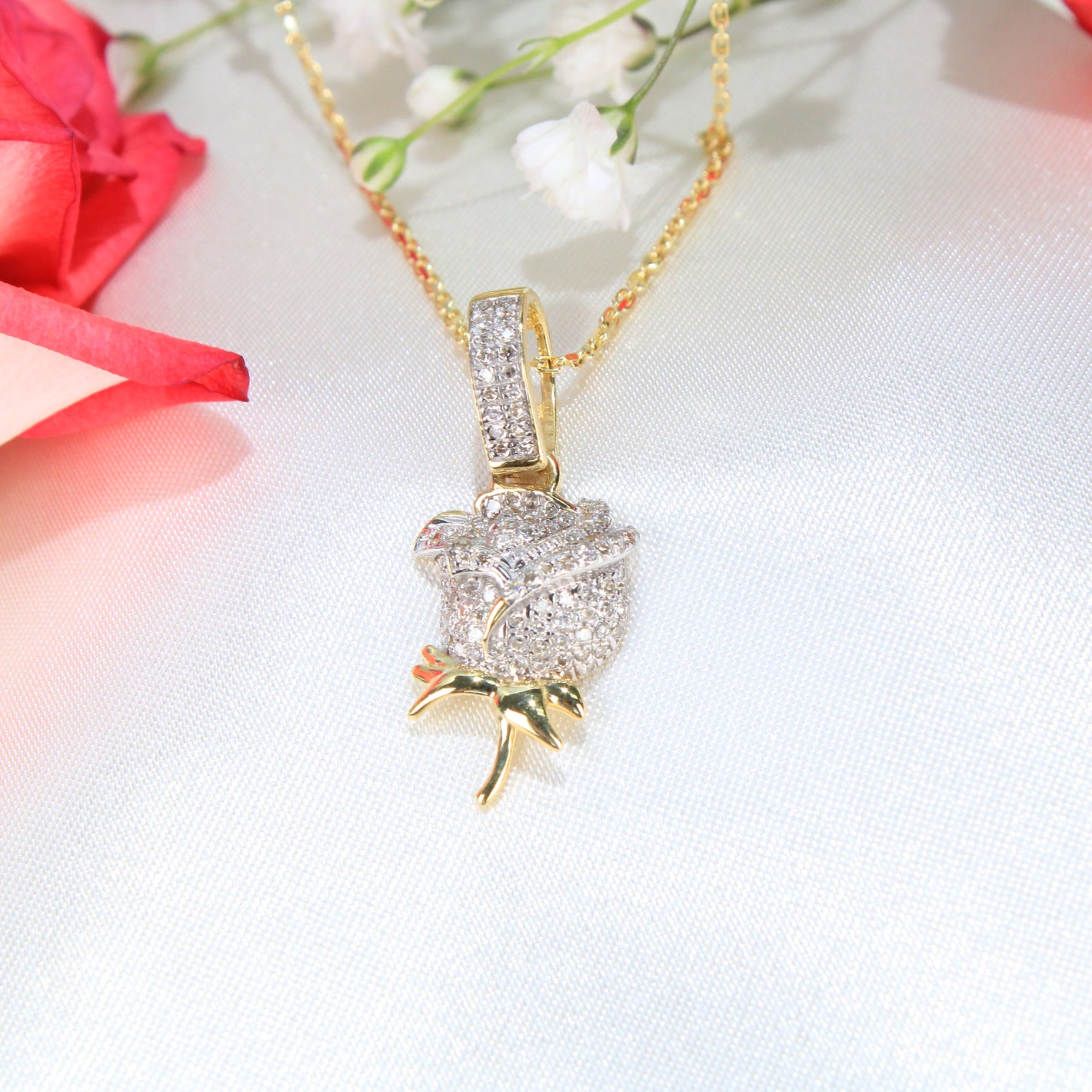 10K Yellow Gold Diamond Rose Charm