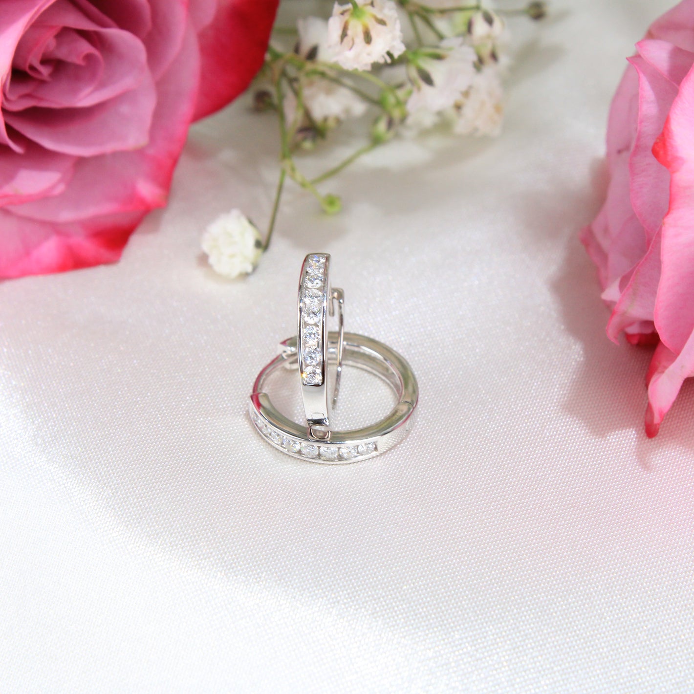 14K White Gold Diamond Hoops