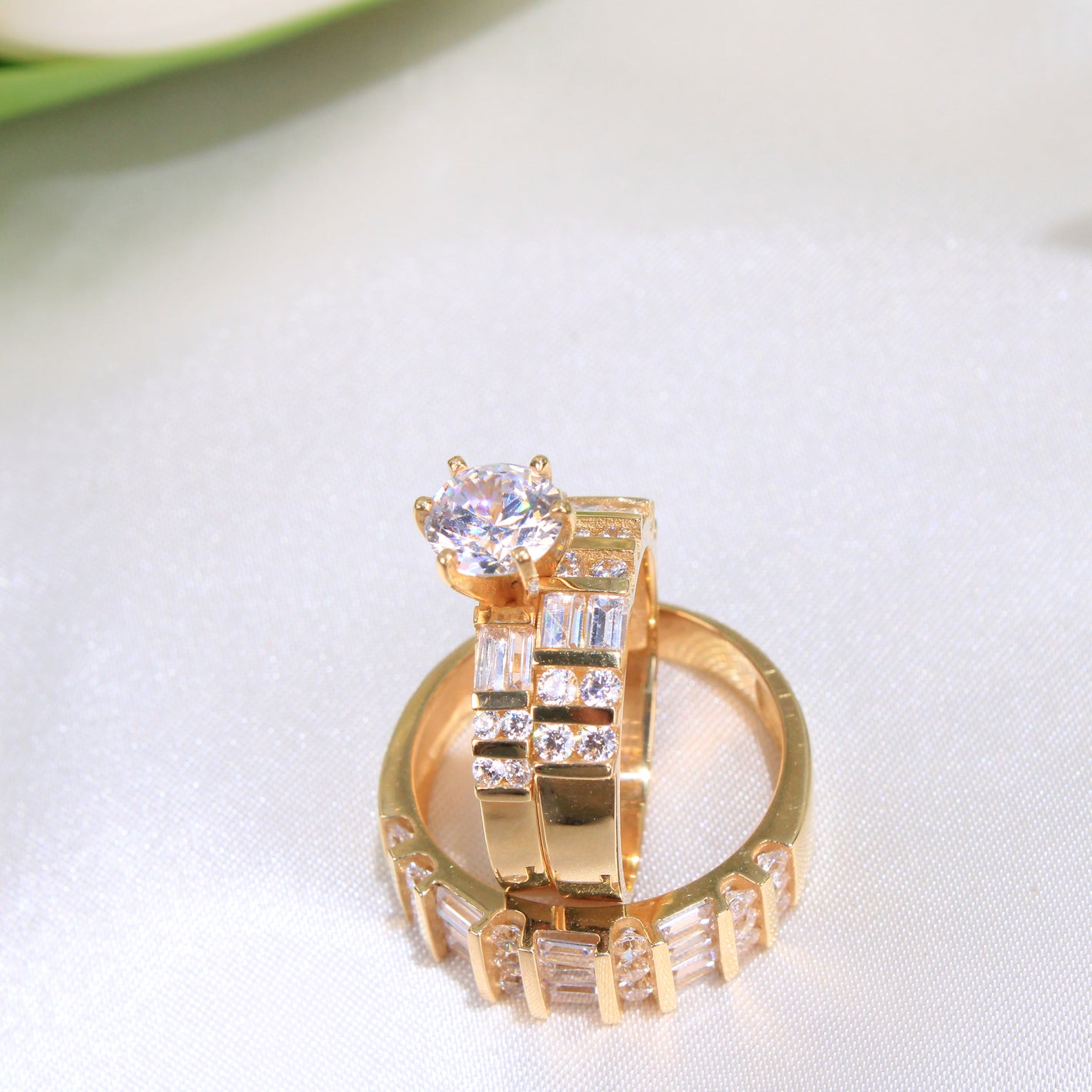 14K Yellow Gold CZ Wedding Trio Set Rings