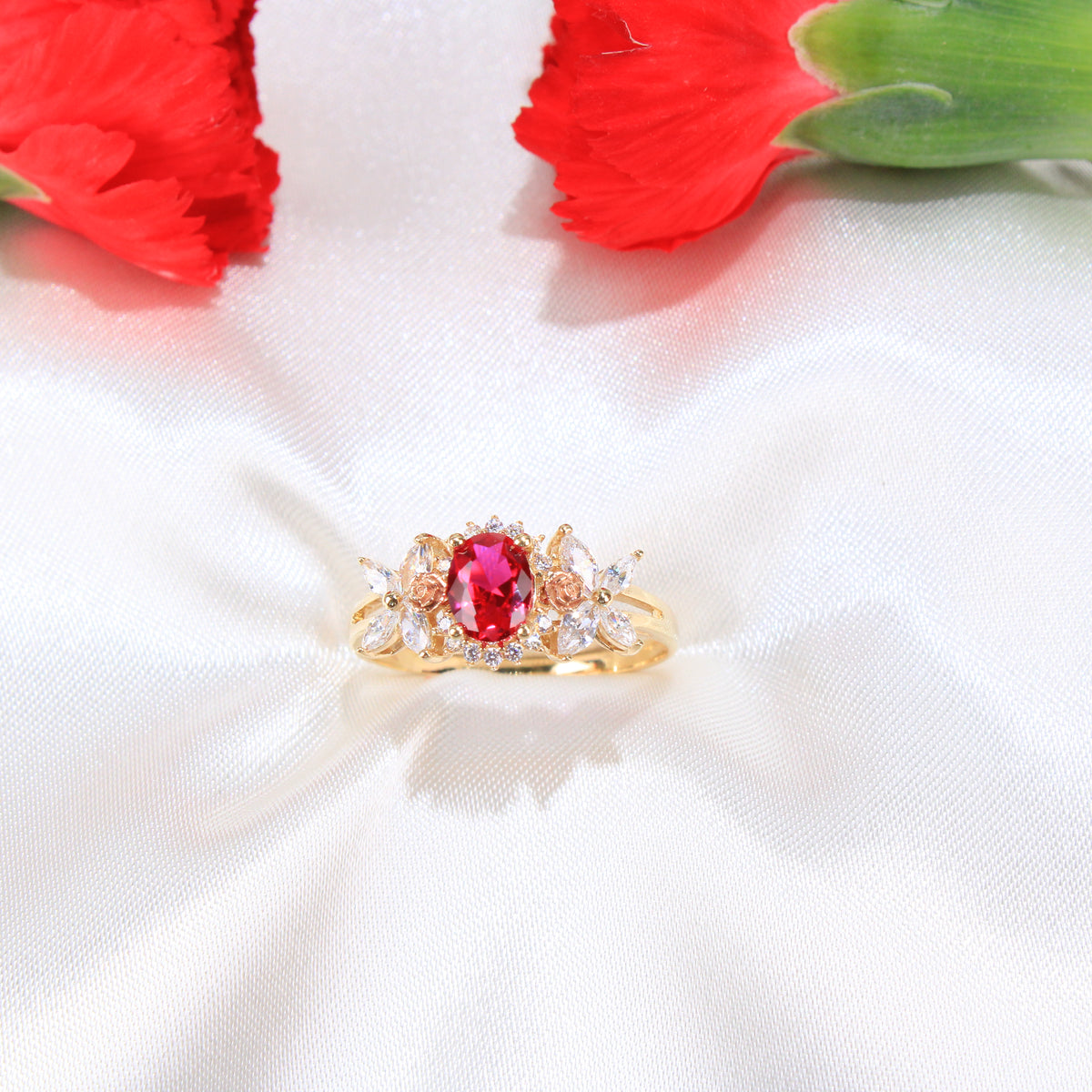 14K Yellow Gold Red CZ Ring