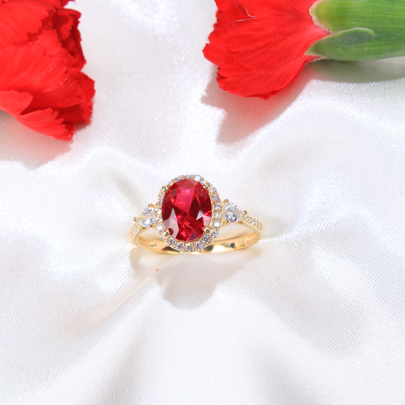 14K Yellow Gold Red CZ Ring