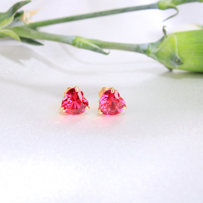14K Yellow Gold Red CZ Heart Earrings