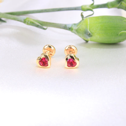 14K Yellow Gold Red CZ Heart Earrings