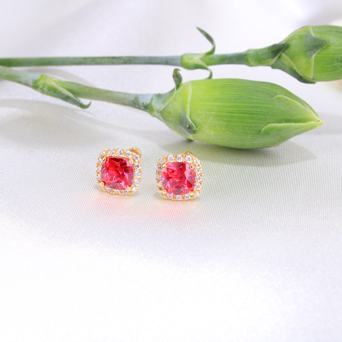 14K Yellow Gold Red And White CZ Earrings