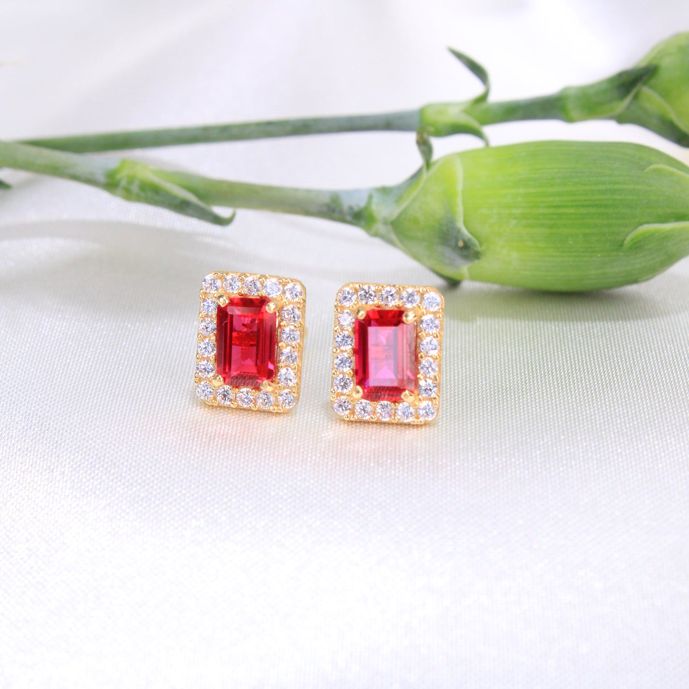 14K Yellow Gold Red CZ Earrings