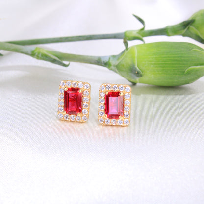 14K Yellow Gold Red CZ Earrings