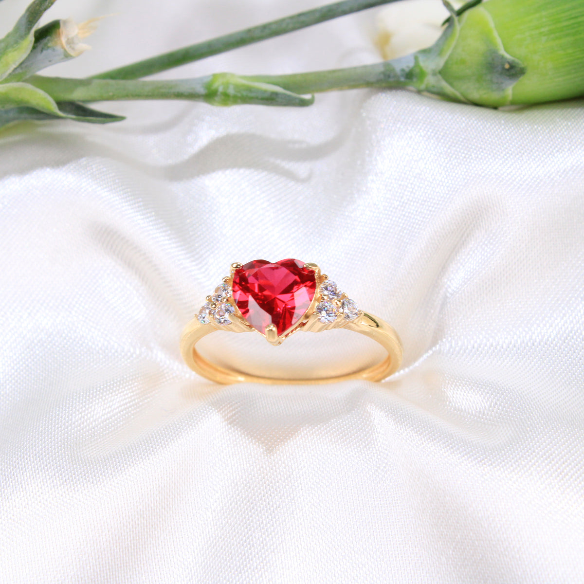 14K Yellow Gold Red Heart CZ Ring