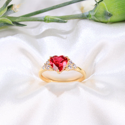 14K Yellow Gold Red Heart CZ Ring